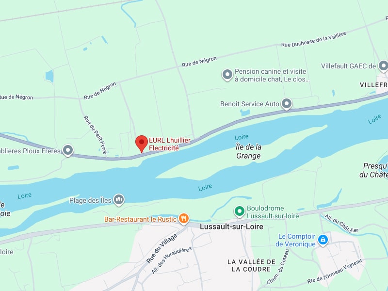 Carte de l'EURL Lhuillier Electricité à Lussault-sur-Loire Carte de Lussault-sur-Loire montrant l'EURL Lhuillier Electricité en bord de Loire, près de la Plage des Îles.