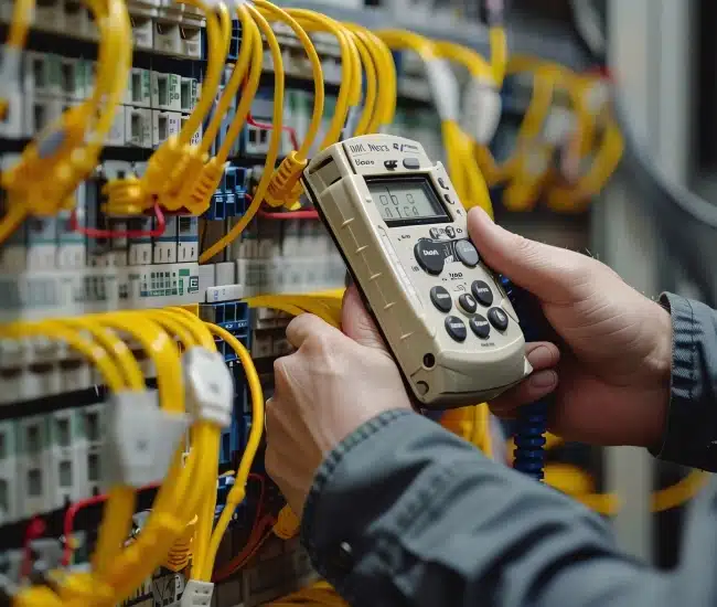 Testeur de câble réseau : maintenance informatique Technicien utilisant un testeur de câble portatif sur des branchements réseau jaunes dans une baie informatique.